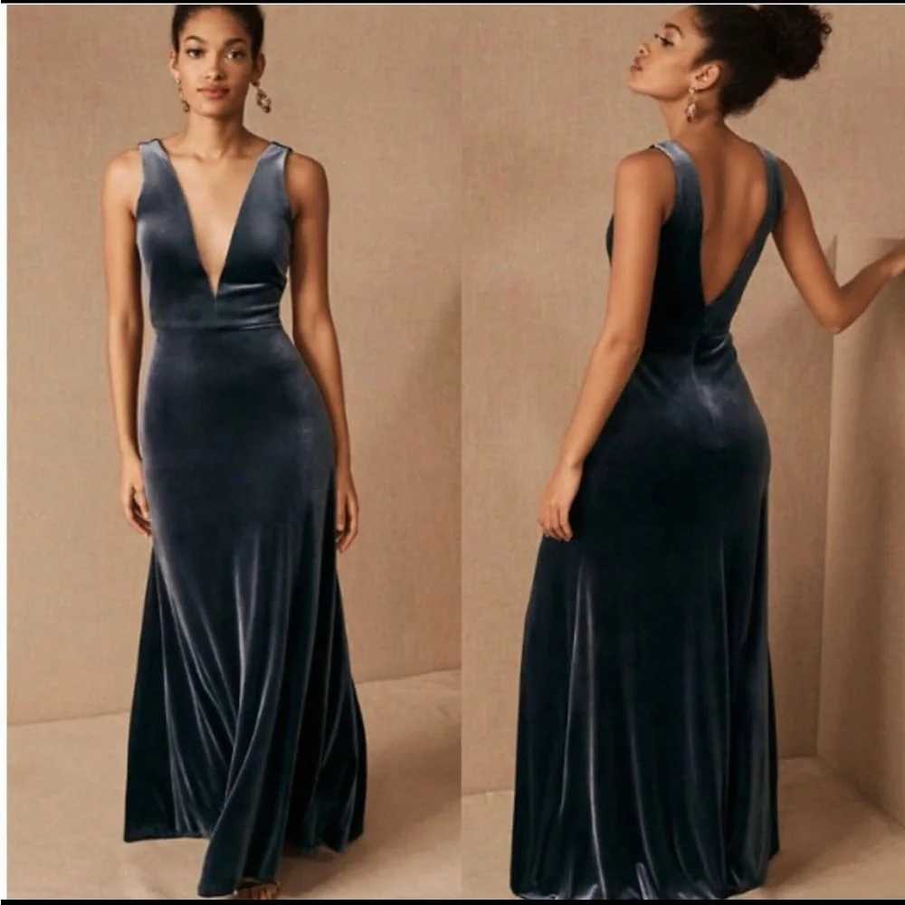 Jenny Yoo for Anthropologie Logan Deep V Velvet Column Gown French Blue size 6